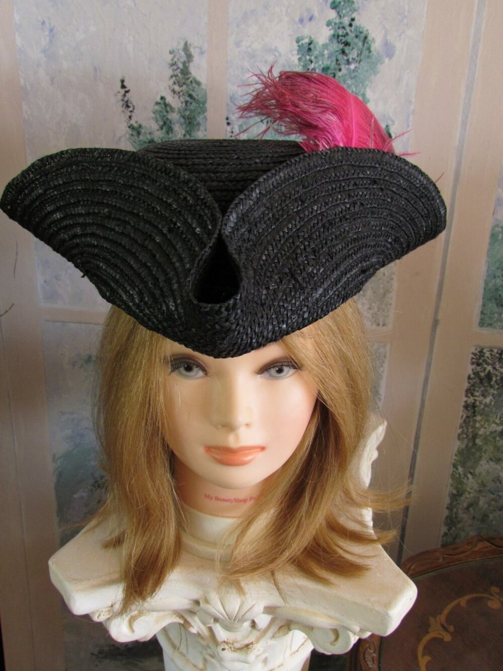 PIRATE WENCH HAT w PINK FEATHER PLUME, TRICORNE LADIES' SWASHBUCKLING COSTUME